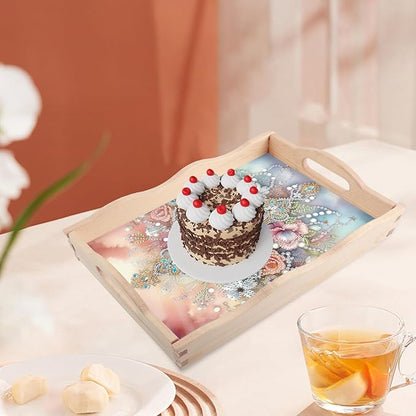 JISHSHAY Diamond Art Serving Tray Diamond Painting Food Tray Gem Art Serving Platter Gem Painting Mosaic Kits for Adults DIY Kits for Adults, with Wood Handle 20×30cm/7.87×11.81in, Cross Flower