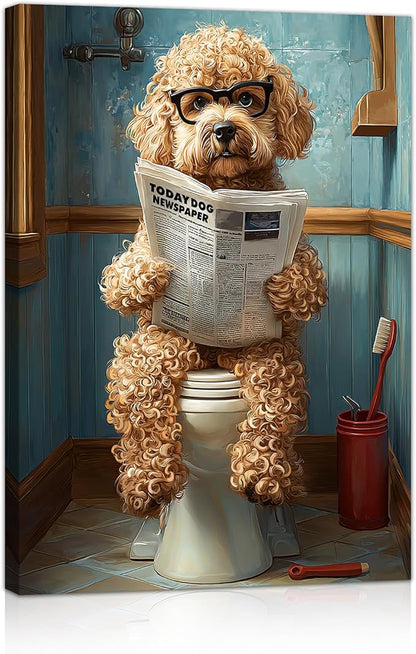 WENGTIAO Funny Dog Framed Canvas Wall Art Brown Poodle On Toilet Reading Newspaper Print Poster Humor Animal Bathroom Painting Pictures Dog Lovers Restroom Artwork for Home Washroom 16x24in