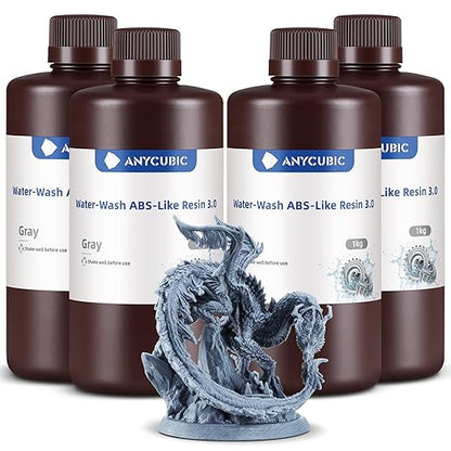 ANYCUBIC Water Washable ABS-Like Resin 3.0 Bundle, 3D Printer Resin, High Toughness and High Precision, Easy to Post-Process, Low Odor, Wide Compatibility for All LCD 3D Printers (Grey, 4kg)