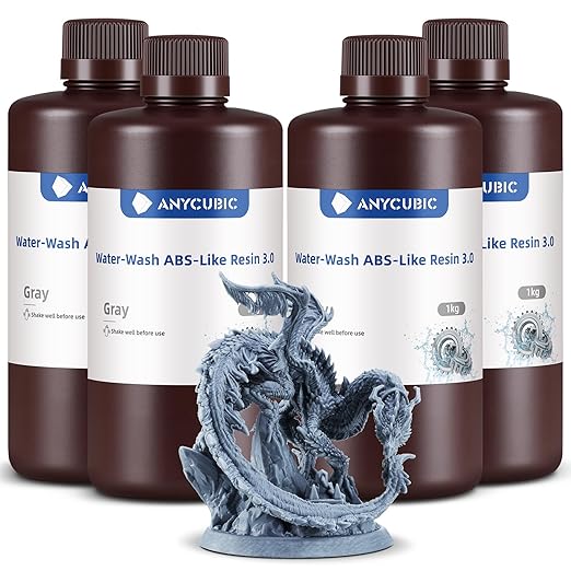 ANYCUBIC Water Washable ABS-Like Resin 3.0 Bundle, 3D Printer Resin, High Toughness and High Precision, Easy to Post-Process, Low Odor, Wide Compatibility for All LCD 3D Printers (Grey, 4kg)