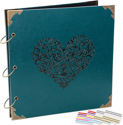 ADVcer Photo Album DIY Scrapbook, 10x10 inch 50 Pages Vintage Leather Cover Three-Ring Binder Love Picture Booth Albums with 408pcs Self Adhesive Photos Corners for Memory Keep, Heart (Jasper Green)