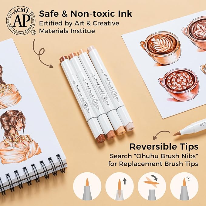 Ohuhu Alcohol Markers: Soft Chisel Red Dot Design Award Winner 24 Skin-color Brush & Soft Chisel Dual Tips Drawing Markers for Artists Beginners Adults Coloring Illustration Sketching - Honolulu S