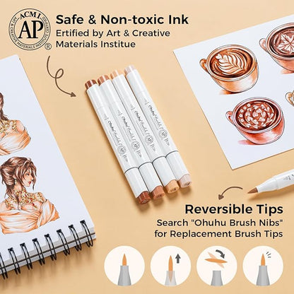 Ohuhu Alcohol Markers: Soft Chisel Red Dot Design Award Winner 24 Skin-color Brush & Soft Chisel Dual Tips Drawing Markers for Artists Beginners Adults Coloring Illustration Sketching - Honolulu S