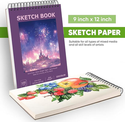 Soucolor 9"x12" Sketch Book for Women Sketch Book, 100 Sheets (68lb/100gsm) Drawing Paper, Art Supplies for Adults, 1-Pack