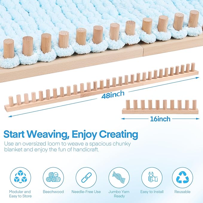 46" Beechwood Chunky Knitting Blanket Loom Kit - Adjustable Size Hand Knitting Loom for DIY Throw Blankets Chunky Yarn Blankets Scarves Rugs, No Needles Required, Christmas Gift for Adults Beginners
