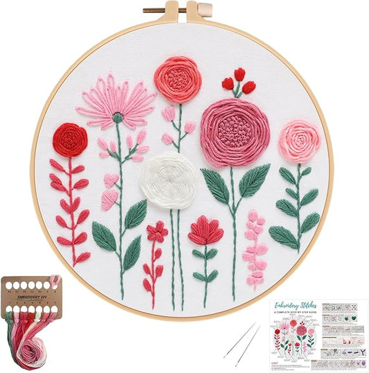 Nuberlic Embroidery Kit for Beginners -Floral Easy Embroidery Kits for Adults Starter Cross Stitch Kit DIY Needlepoint with Step-by-Step Instruction