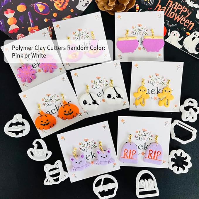 Xaekicr Halloween Polymer Clay Cutters Set – 8Pcs Clay Cutters for Earrings, Pumpkin Skull Witch Hat Molds for DIY Clay Jewelry Making