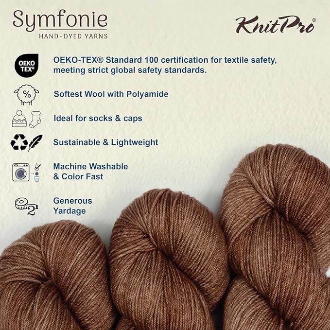 KnitPro Symfonie Hand Dyed Yarn | Extra Fine Merino Wool & Polyamide Blend for Knitting & Crocheting, Fingering Weight, Oeko-TEX Certified 400m, 100g Skein | Terra Semi-Solid Jaggery