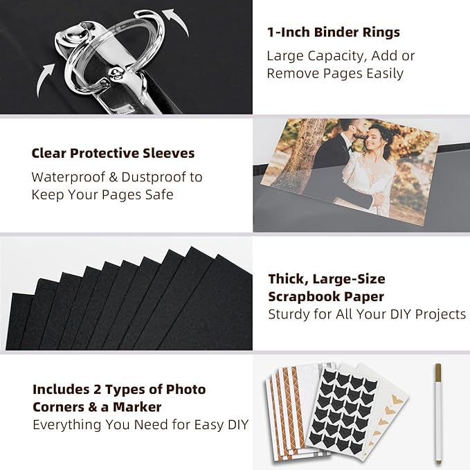 Vienrose 13x11 Inch 3 Ring DIY Scrapbook Album Gift Set, Faux Leather Cover Blank Scrapbooks Photobook with 30 Plastic Sleeves 60 Black Pages for Valentine Gift Wedding Family Anniversary Navy Blue