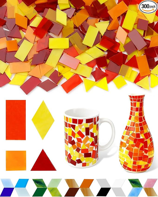 FIVEIZERO 260g Glass Mosaic Tiles for Crafts - 300 Pieces Tiny Mosaic Tile Kit, Irregular Pieces for DIY Craft Jewelry, Coaster Art & Mosaic Kits (Red&Yellow)