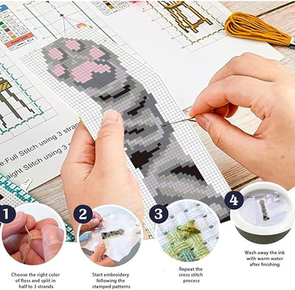 FREEBLOSS 6 Set Embroidery Bookmarks Cute Cat Paws Patterned Cross Stitch Bookmark Kit with Instruction Embroidery Kit for Adults Beginners 8''x2.4''