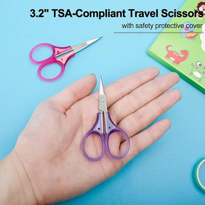 Small Craft Scissors, 3" Tiny Travel Scissors Tsa Compliant with Cover, Sharp Scissors all Purpose, Straight Fine Tips Mini Sewing Scissors Set, Precision Detail Paper Cutting, Pink/Purple