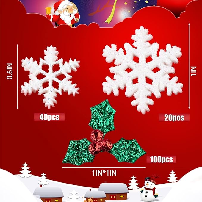 160PCS Mini/Small/Miniature Christmas Decorations for DIY Crafts Include Resin Charms Snowflakes&Holly Leaves Berries, Christmas Floating Vase Filler, Xmas Ornaments Decor for Wreath Tree Gift Tag