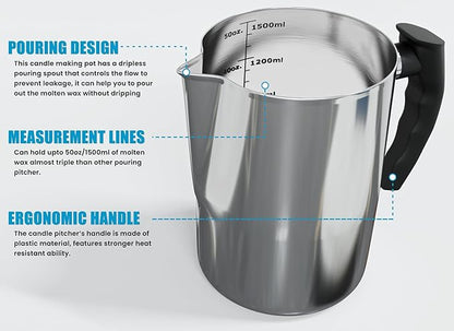 Natikon Candle Making Pouring Pot Stainless Steel Pitcher with Heat-Resistant Handle and Dripless Pouring Spout Design | 1500 ML/50 OZ