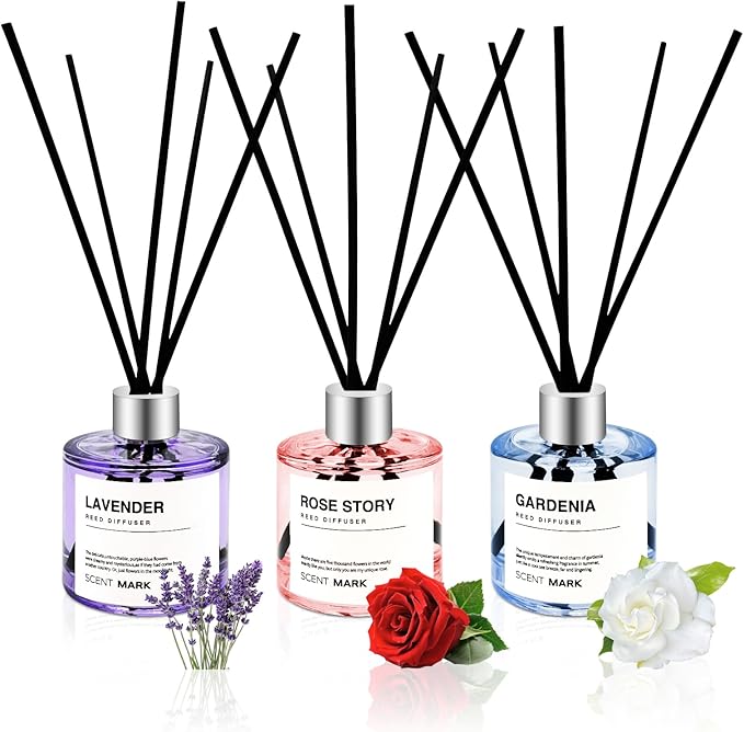 POWSHELF Reed Diffuser Set of 3 Pack,50ML Lavender Rose Gardenia Scented Oil Diffuser with 5 Sticks,Home Fragrance Reed Diffuser for Bedroom Bathroom Office (Lavender/Rose/Gardenia)