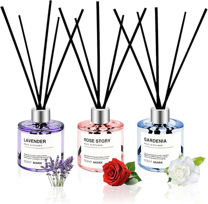 POWSHELF Reed Diffuser Set of 3 Pack,50ML Lavender Rose Gardenia Scented Oil Diffuser with 5 Sticks,Home Fragrance Reed Diffuser for Bedroom Bathroom Office (Lavender/Rose/Gardenia)