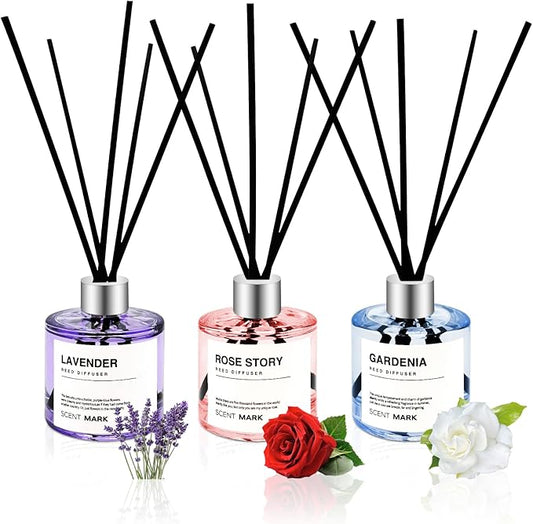 POWSHELF Reed Diffuser Set of 3 Pack,50ML Lavender Rose Gardenia Scented Oil Diffuser with 5 Sticks,Home Fragrance Reed Diffuser for Bedroom Bathroom Office (Lavender/Rose/Gardenia)