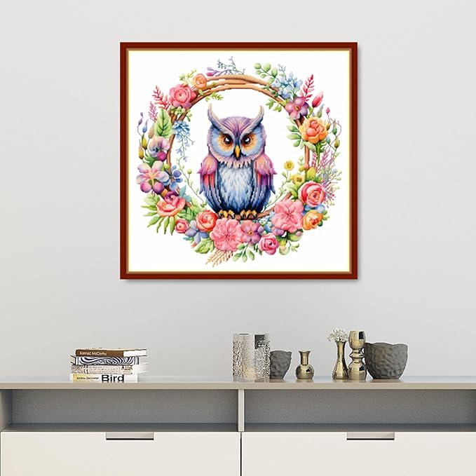 Findvoor Stamped Cross Stitch Kits for Beginners Full Range of Cross Stitching Embroidery Pattern for Adults, 11CT DIY Needlepoint Embroidery Starter Kits-Owl Wreath 17.7x17.7 inch