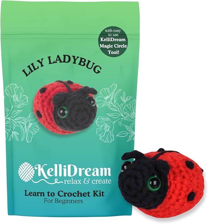 KelliDream Magic Circle Tool Inclusive Learn to Crochet Kit for Beginners; Step-by-Step Video Tutorials; All Supplies to Make Cute Amigurumi (Ladybug)