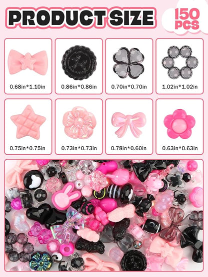 150PCS Acrylic Pastel Beads for Jewelry Making, Kalolary Colorful Bow Butterfly Flower Kawaii Plastic Candy Heart Cute Macaroon Aesthetic Beads for Bracelet Necklace DIY Supplies (Black Rose Pink)