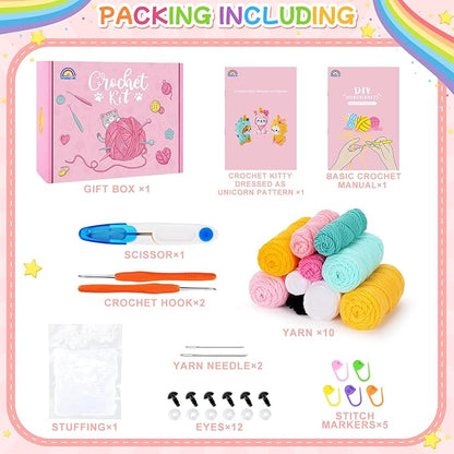 Crochet Kit for Beginners - 3 PCS Unicorn Cat Crochet Kits with Step-by-Step Video Tutorials, Beginner Crochet Kit for Adults, Crochet Animal Kit for Starters, Cat Dressed as Unicorn Set