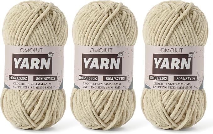 Fluffy Chenille Yarn for Crocheting - Baby Yarn for Crocheting Soft Blanket - 3 Pack of 100g/(87.4yds) Crochet Amigurumi Chunky Yarns - Super Bulky 5 Velvet Yarns (3 Light Khaki)