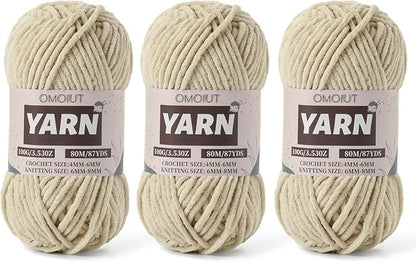 Fluffy Chenille Yarn for Crocheting - Baby Yarn for Crocheting Soft Blanket - 3 Pack of 100g/(87.4yds) Crochet Amigurumi Chunky Yarns - Super Bulky 5 Velvet Yarns (3 Light Khaki)