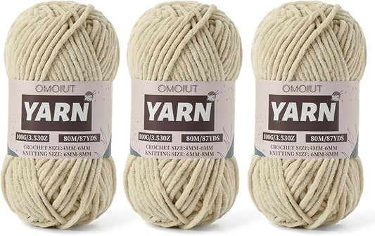 Fluffy Chenille Yarn for Crocheting - Baby Yarn for Crocheting Soft Blanket - 3 Pack of 100g/(87.4yds) Crochet Amigurumi Chunky Yarns - Super Bulky 5 Velvet Yarns (3 Light Khaki)