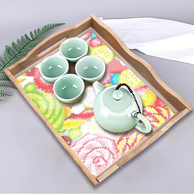 FGbaby DIY 5D Candy Diamond Painting Wood Serving Tray with Handles Diamond Art Decorative Decor Serving Trays Wooden Tray for Breakfast in Bed, Patio, BBQ, Coffee Table, Party –Great for Lap & Couch