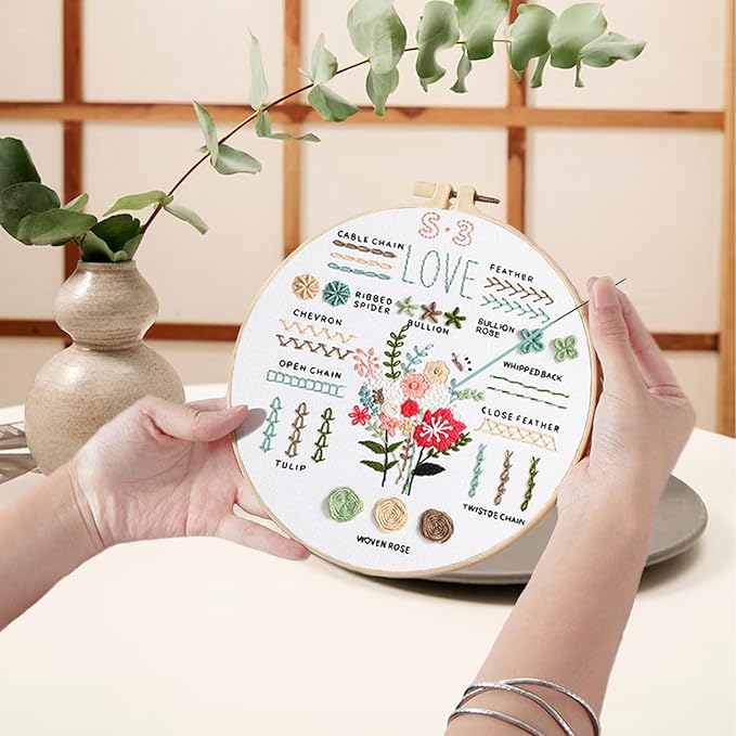 Ohcol 3 Sets Embroidery Kit for Beginners Adults,Easy to Learn 33 Different Stitches DIY Kits,Needlepoint Kits for Adult Hand Crafts Includes Stamped Flower Pattern,Instruction,Hoop,Threads,Tools