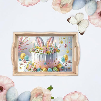 DIY Diamond Art Wooden Tray Kit, Food Tray with Handle Diamond Painted Table Decoration Tray, for Breakfast, Bar Dinner Table Diamond Dots Gem Painting Art Set for Beginners-#42-Easter Cake