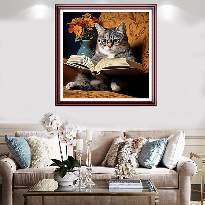 Redxing Stamped Cross Stitch Kits Full Range of Embroidery Starter Kits- Needlepoint Counted Cross Stitch Kits for Beginner Adults 11CT Printed Embroidery Kit-Cat Reading 18x18 inch