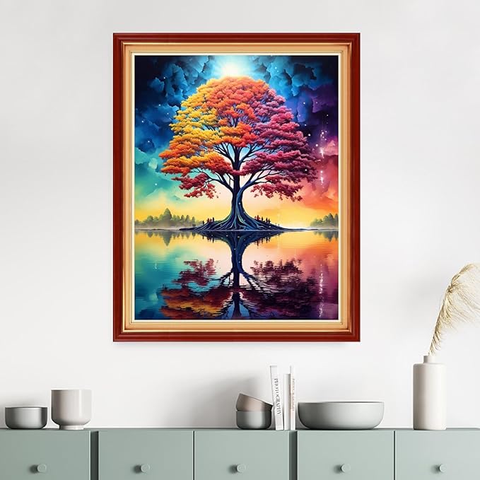 Dimensean Stamped Cross Stitch Kits Full Range of Embroidery Patterns Starter Kits for Beginners Adult DIY Cross Stitches Needlepoint Kits 11CT-Colorful Trees by The Lake 16x20 inch