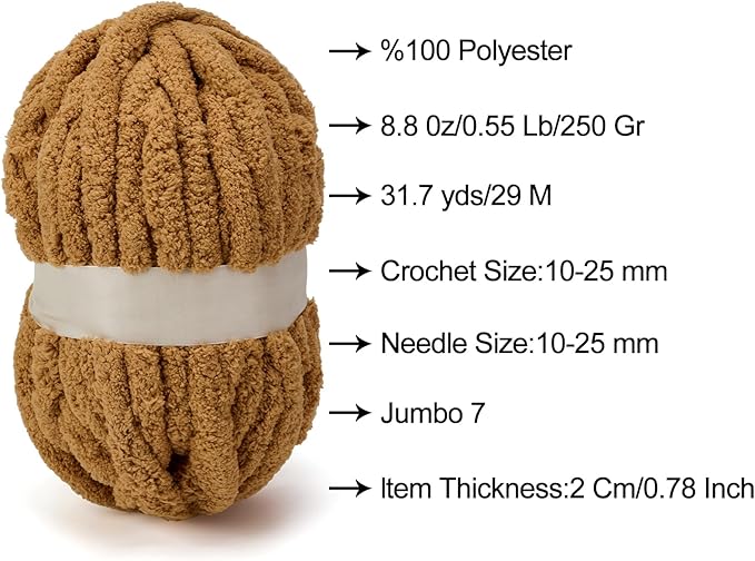 ERLYEEN Chenille Chunky Yarn Super Bulky Soft Thick Fluffy Jumbo Giant Washable Polyester Big Yarn DIY for Arm Knit Blanket Cushion Bed Sofa Home Decor,Khaki,4.4LB