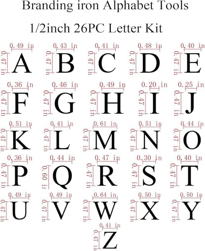 Arokimi 1/2" Wood Burning Letter Kit, 26 Pcs Alphabet Branding Iron Stamps for Wood Leather Hats BBQ Bread, With an 80W Electric Branding Iron