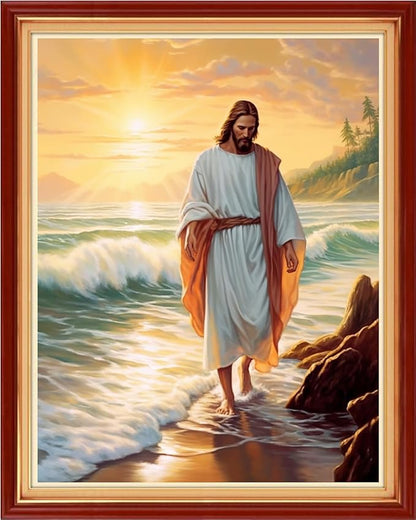 Funchey Stamped Cross Stitch Kits, DIY Cross Stitch Pattern for Adults Beginners Needlepoint Kits Embroidery Kit Arts and Crafts 11CT&Jesus by The Sea 16x20 inchs