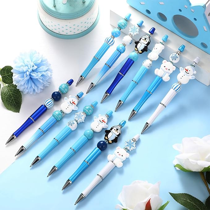Geyee 12 Set Plastic Beadable Pens Assorted Bead Pens Crystal Wood Round Spacer Set Black Ink DIY Ballpoint for Women Men Gift Office Supplies(Polar Animals)