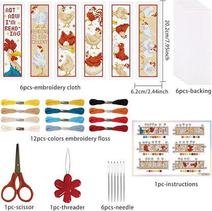 ORIGACH 6 Pcs Cross Stitch Bookmark Kit for Beginner Adults, Cute Chicks and Words Stamped Embroidery Bookmark Kit with Instruction for Starters Printed Cross Stitch DIY Kits for Book Lovers