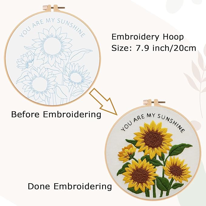 Nuberlic Sunflower Embroidery Kit for Beginners -Adults Starter Cross Stitch Kit DIY Needlepoint with Hoop, Pre-Printed Fabric, Threads & Step-by-Step Guide