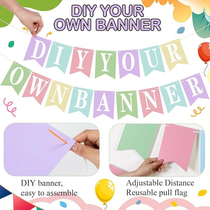 Mooliwe 171 Pcs DIY Custom Banner Kit Make Your Own Customizable Sign for Birthday Wedding Party Decoration Include 20 Paper Pennant 148 Letters and Numbers 1 Rope 2 Threading Device(Pastel)