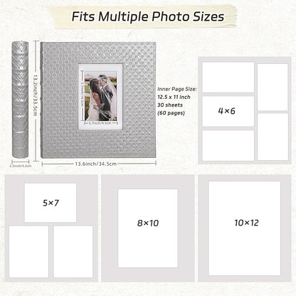 RECUTMS Photo Album 4x6 5x7 8x10 Photos DIY Scrapbook 60 Pages Black Inner Button Grain Leather Scrap Photo Book Baby Family Wedding Anniversary Self Adhesive Handmake Picture Book（Gray）