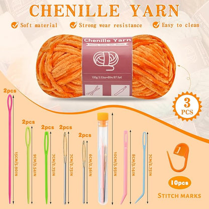 LUNARM Chenille Yarn for Crocheting Knitting, 3 Skein 263 Yard Thick Soft Chunky Fluffy Weaving Plush Yarn for Blankets Clothes Pattern Creations with Big Eye Needles (Orange)