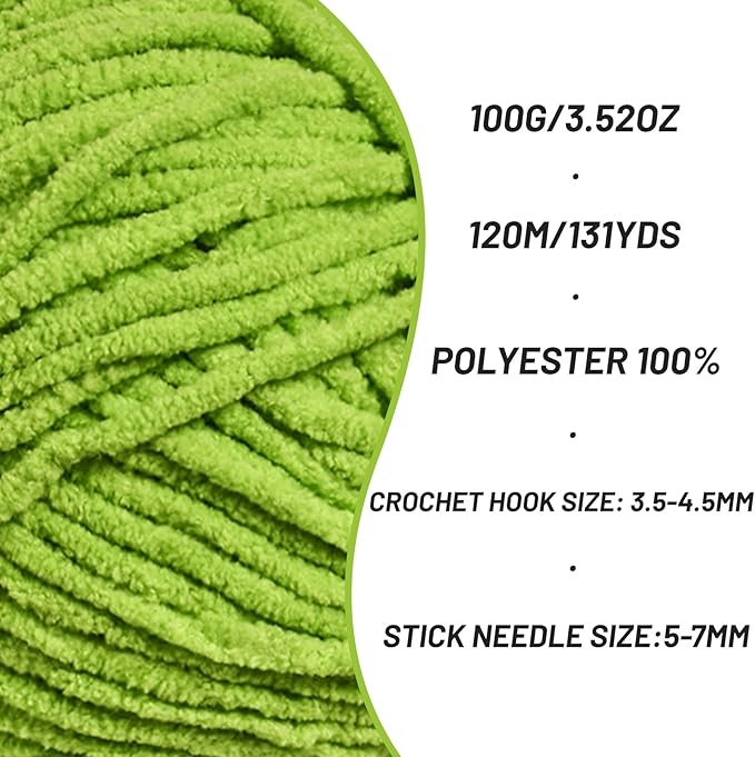 2 Pack Plush Chunky Chenille Yarn for Crocheting, Soft Fluffy Velvet Yarn for Crocheting Amigurumi, Fuzzy Baby Blanket Knitting 200g/262yds Bulky(2 Lime Green)