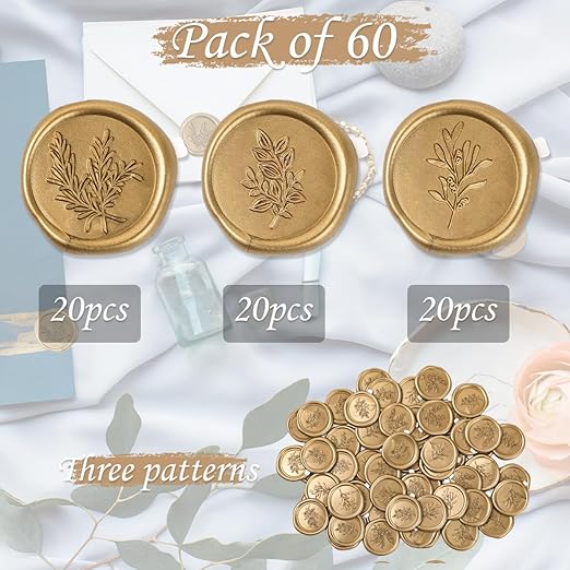 60 Pcs Wax Seal Stickers - Wedding Invitation Accessories Envelope Cards Seal Stickers Vintage Wax Sealing for Wedding Anniversary, Bridal Shower, Gift Wrapping, Christmas (3 Designs in 1 Pack) (Gold)