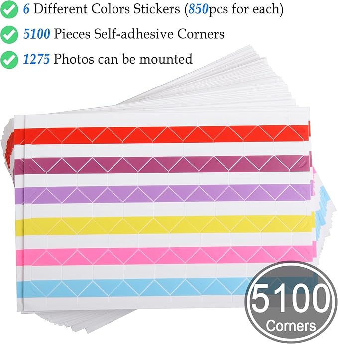 ADVcer 50 Sheets Self Adhesive Photo Corners - Hold 1275 Photos - 6 Colors 5100 pcs Photo Mounting Corner Stickers for Polaroid, Instax Foto of DIY Picture Scrapbook and Recollections Photo Album