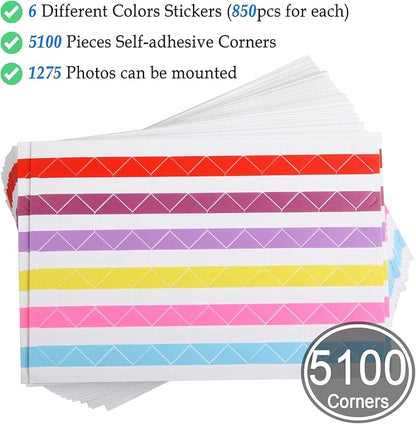 ADVcer 50 Sheets Self Adhesive Photo Corners - Hold 1275 Photos - 6 Colors 5100 pcs Photo Mounting Corner Stickers for Polaroid, Instax Foto of DIY Picture Scrapbook and Recollections Photo Album