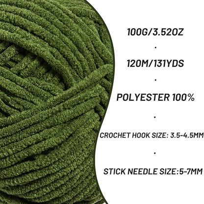 Plush Chunky Chenille Yarn for Crocheting, Soft Fluffy Velvet Yarn for Crocheting, Fuzzy Baby Blanket Knitting Yarns, 100g/131yds Bulky Amigurumi Yarns（Pine Green）