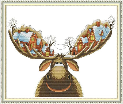 Cross Stitch Stamped Kits 11CT 21X18 inch Holiday Gift Pre-Printed Cross-Stitching Starter Patterns for Beginner Adults, Embroidery Needlepoint Kits Christmas Deer