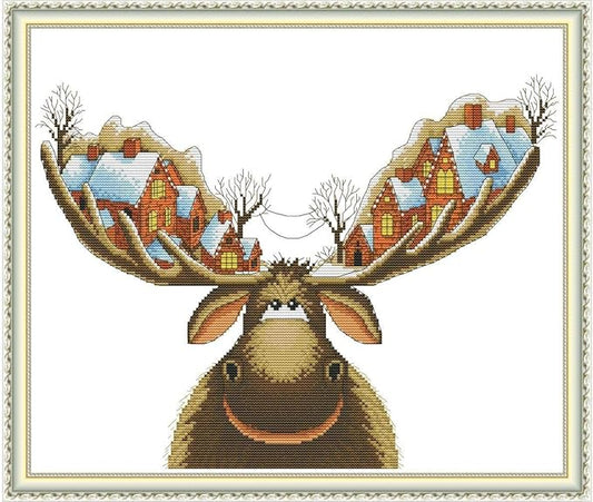 Cross Stitch Stamped Kits 11CT 21X18 inch Holiday Gift Pre-Printed Cross-Stitching Starter Patterns for Beginner Adults, Embroidery Needlepoint Kits Christmas Deer