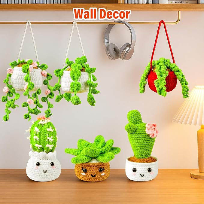Inawenxlg Crochet Kit for Beginners with Video Tutorials – Amigurumi Starter Set to Make 6 Hanging Potted Plants